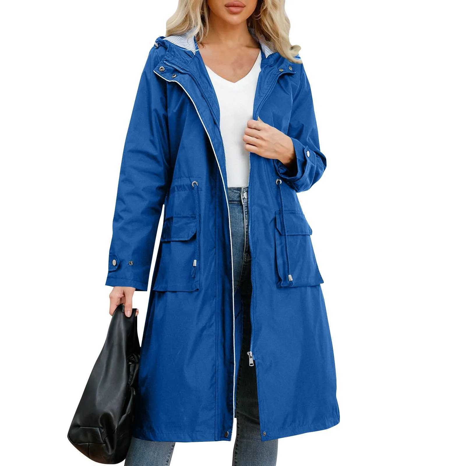 WomenS Solid Hooded Jackets Autumn New Medium Length Windbreaker With Striped Daily Causal Comfortable Straight Tube TrenchX240921