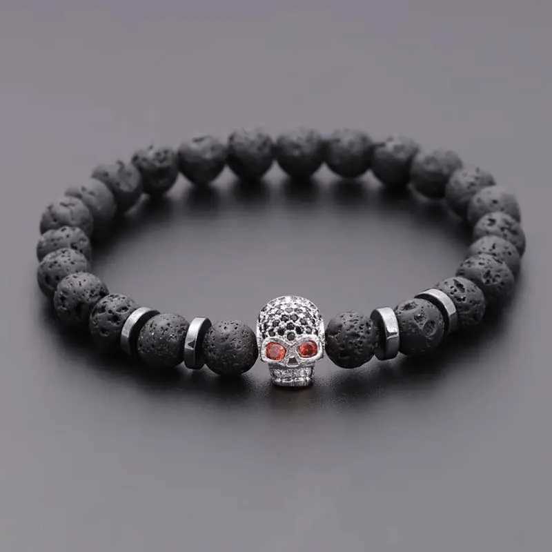 Black Eye Skull Hematite Bead Bracelet Men Classic Handmade 8mm Lava Stone Charm Bracelet For Men Jewelry GiftX240921
