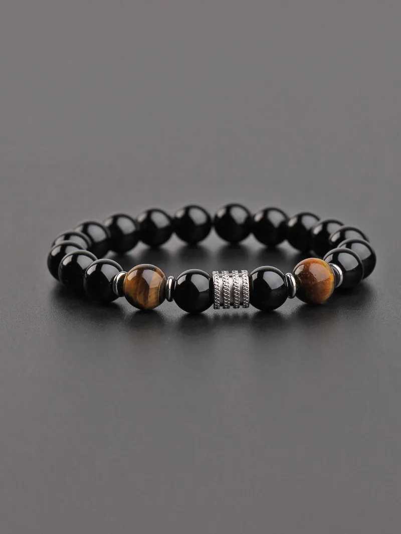 New Tiger Eye Obsidian Stainless Steel Bracelet for Men Natural Gem Beaded Bracelets 2023 Fashion Fathers Day Jewelry GiftsX240921