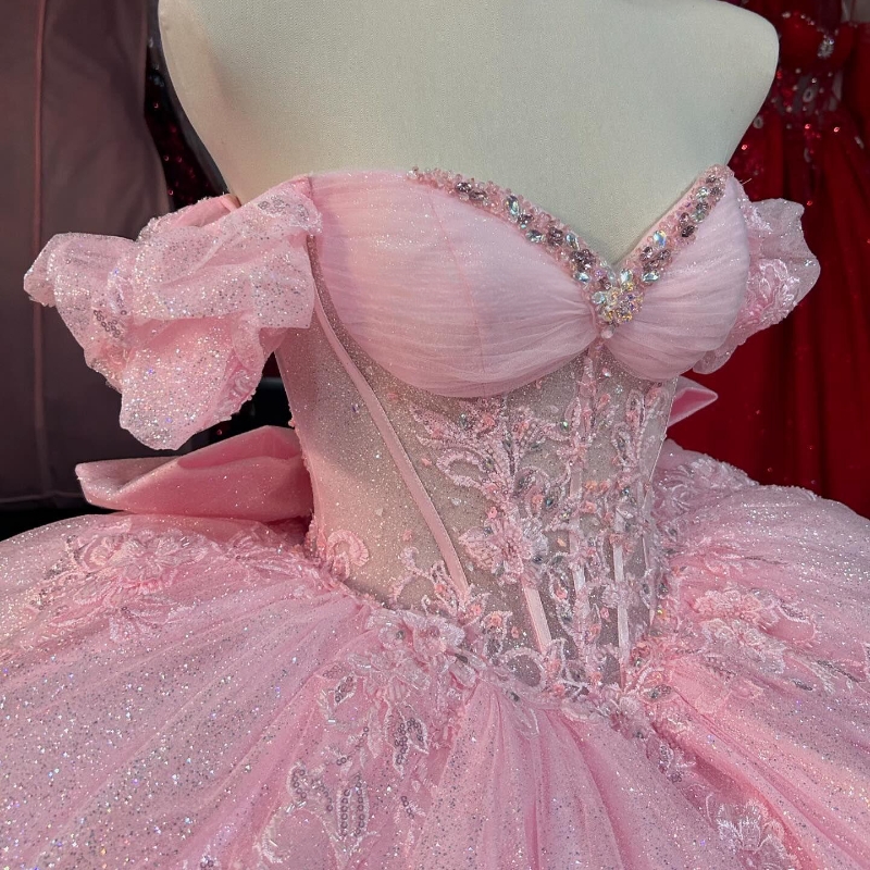 Pink Quinceanera Dresses 2025 Sweet 15 16 Applique Lace Beads Tull Bow Birthday Party Gown Vestidos Para XV Princess Miss Pageant