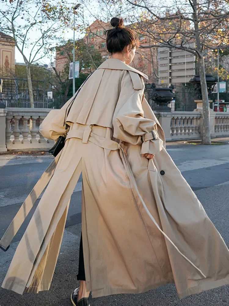 Windbreaker Women Lapel Coat Double-breasted V-Neck Autumn Winter Loose Coat Solid Lapel Belt Wind Coat Pleasure Outer GarmentX240921
