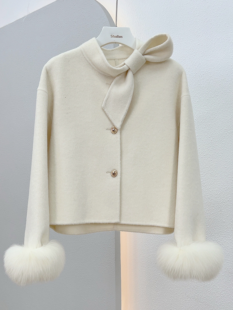 2024 New Winter Cashmere Wool Woolen Women Jacket Real Natural Fox Fur Cuff Ladies Outwear Female Coat