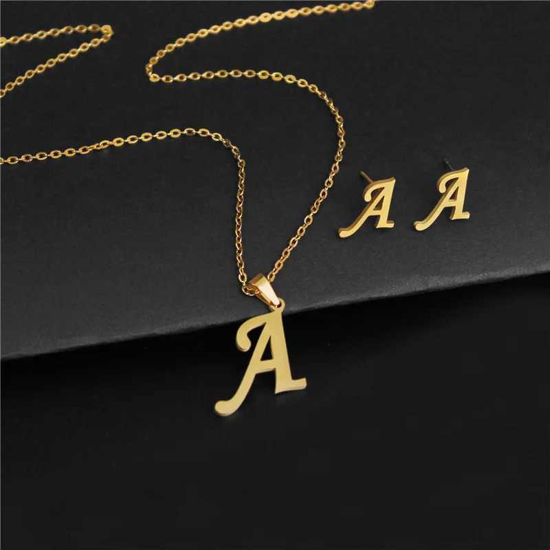 A-Z 26 Charm Original Necklace and Stud Earrings Jewelry Set Letter Hanging Chain Mom Gift Direct Shipping W240918