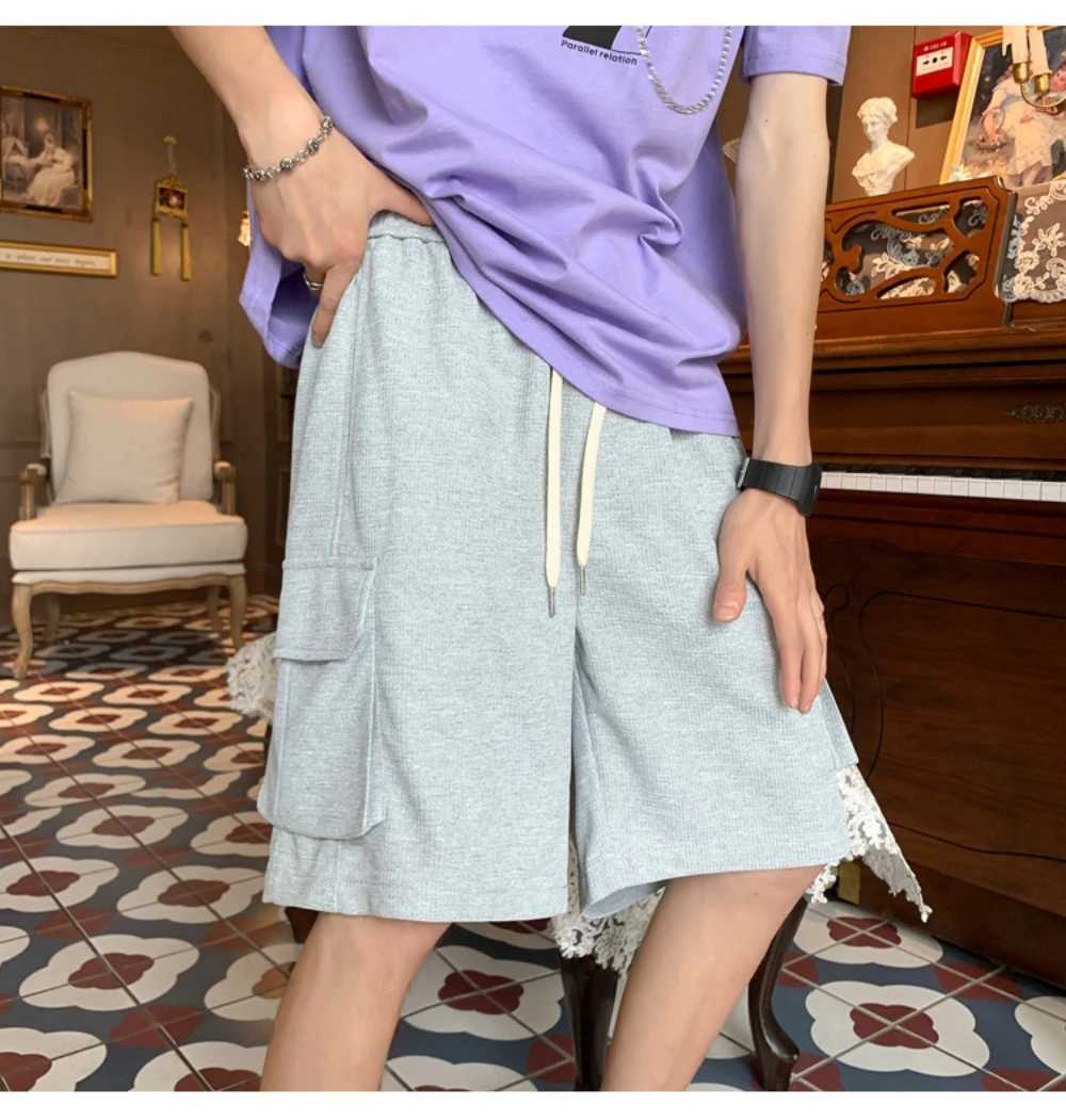 Mens summer cargo shorts Waffle fabric mens multi-pocket solid color casual shorts Youth mens sports shortsX240921