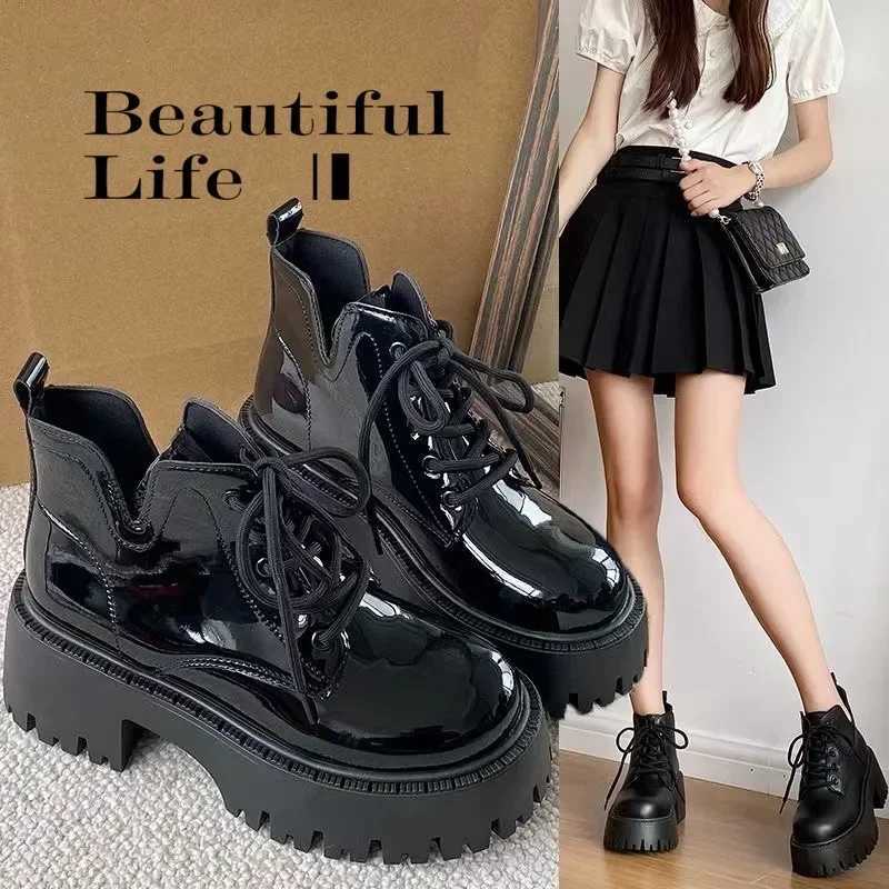 Chunky Black Platform Casual Womens Ankle Boots 2024 New Designer Autumn Winter British Style PU Leather Boots Shoes for Women Z250303