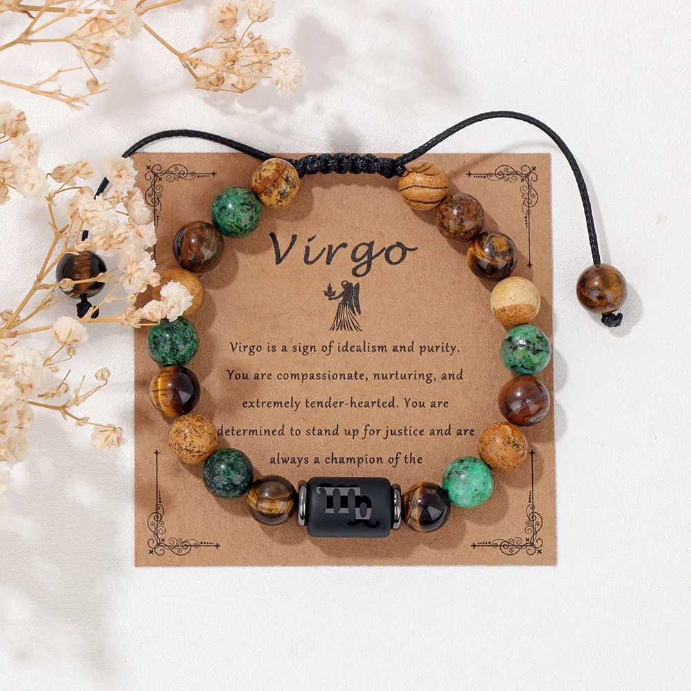 Vintage Aries Sign Charm Stone Bracelets With Constellation Card Natural Stone Picture Beads Adjustable Bracelets Women Men GiftX240921