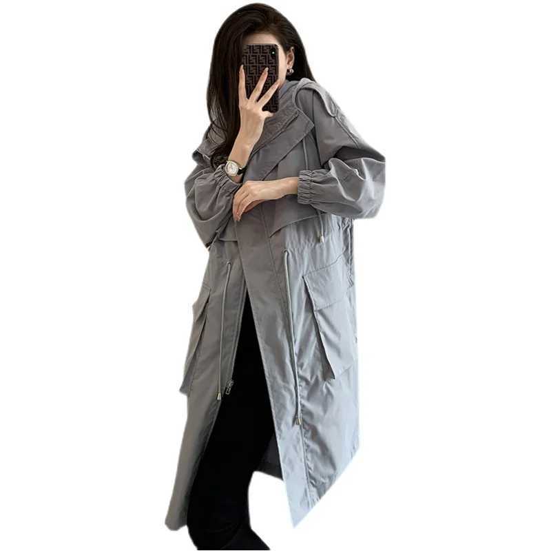 Solid Classic Hooded Long Trench Coat For Women Autumn Oversized Casual Drawstring Bandage Windbreaker Loose Zip Up Jackets ChicX240921
