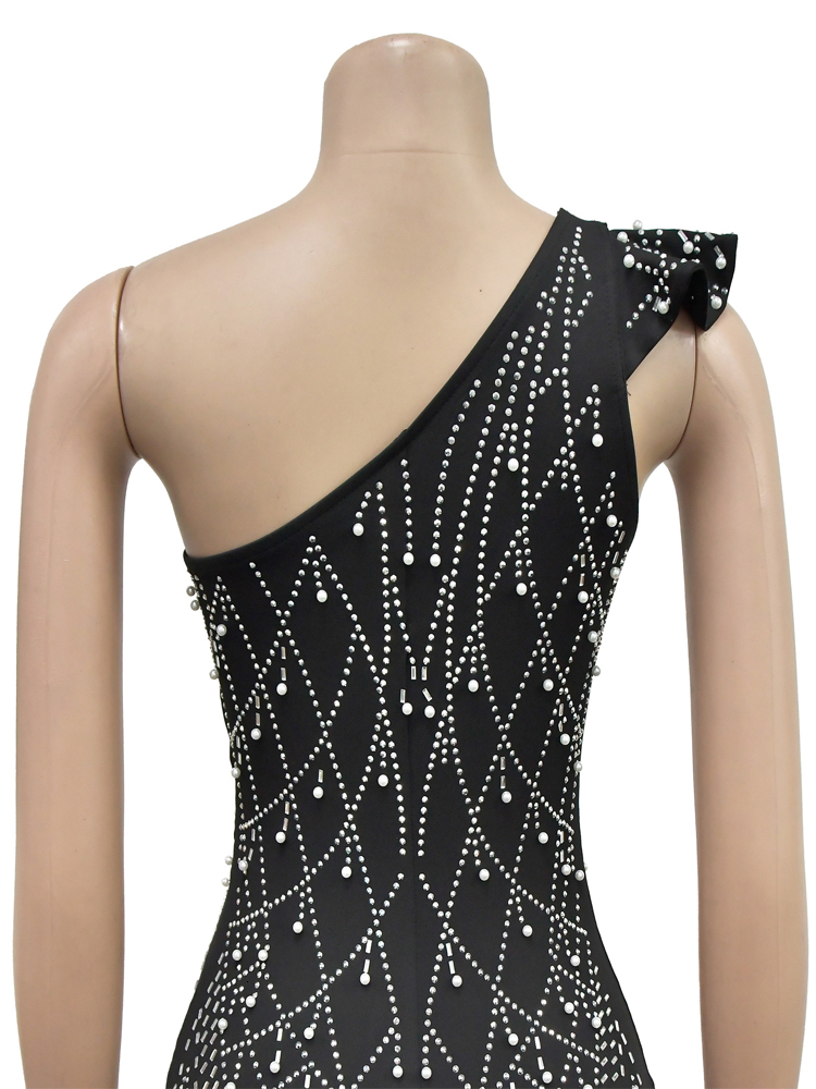 Elegant Single Shoulder Pearls Rhie Maxi Long One-Piece Gown Sequins Woman Party Dress Night Clubwear