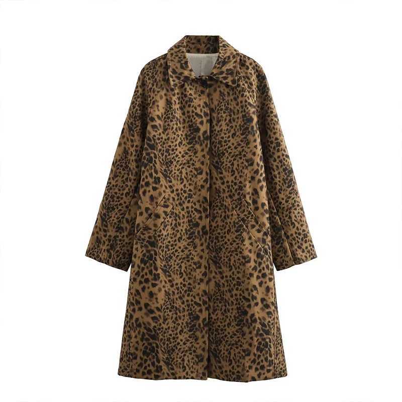 Summer Elegant Womens 2024 New Casual Fashion Long-Sleeved Single-Breasted Leopard Print Jacket Long Loose Trench Coat OutwearX240921