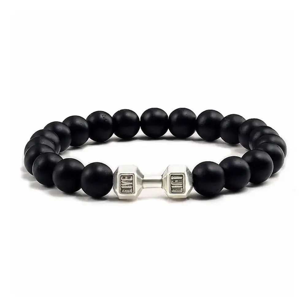 Natural Black Volcanic Lava Stone Dumbbell Bracelet Black Matte Beads Bracelets Fitness Barbell Jewelry Pulseras For WomenX240921