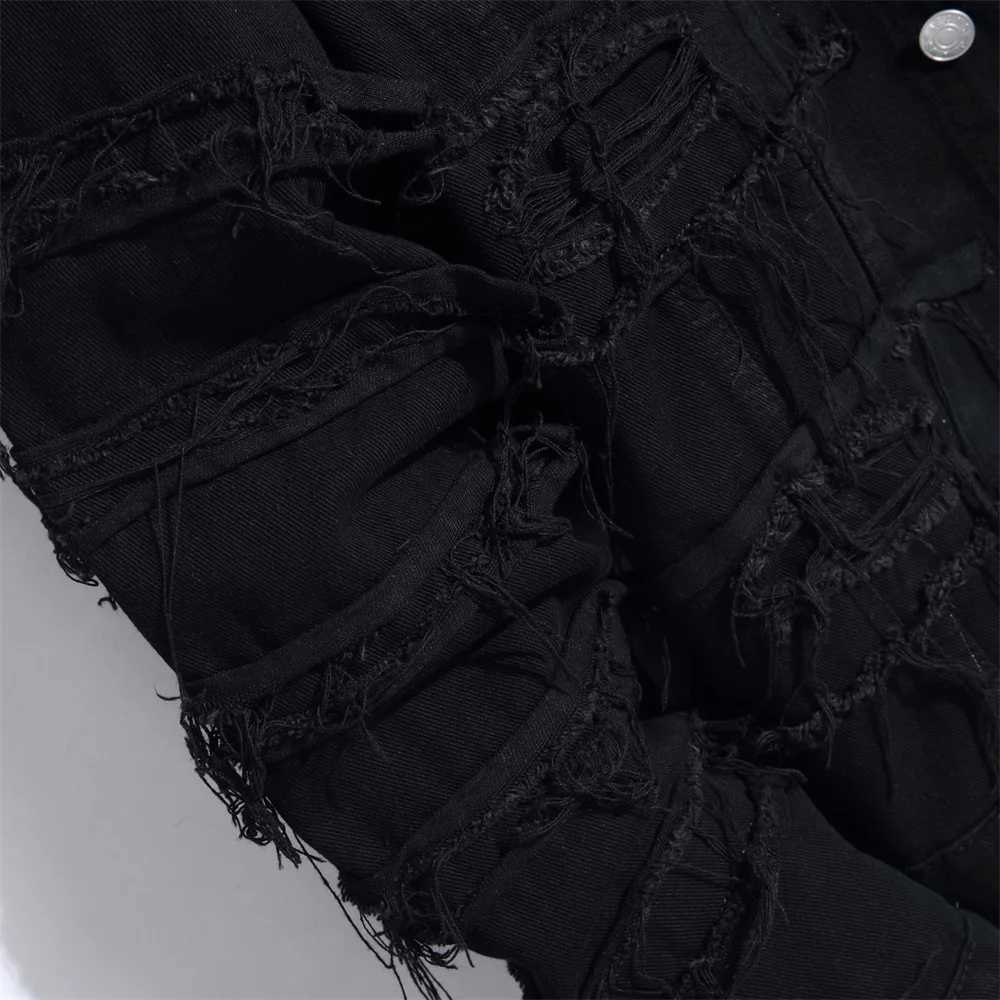 Street clothing mens stacked splicing tear ultra-thin denim jacket mens high-quality solid jacketW240711