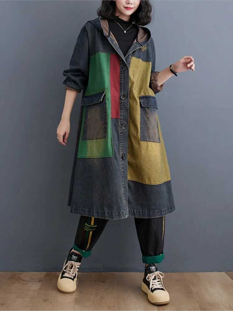 Oversized Autumn Denim Long Hoodies Trench Coat Women Modis Print Patchwork Ladies Windbreaks Casual Loose Woman Trench 2023X240921