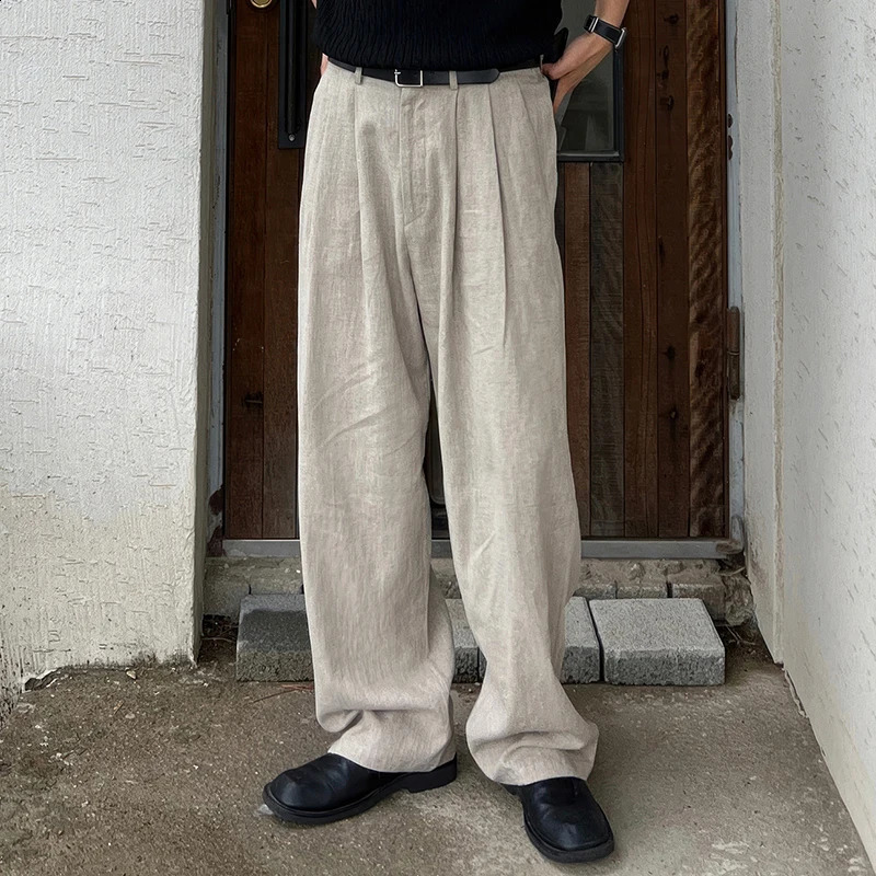 Mens Korean Light Draped Linen Wide Leg Pants Leisure Button-down Solid Color Straight Premium Elegant Sweatpants M-3XL 240913