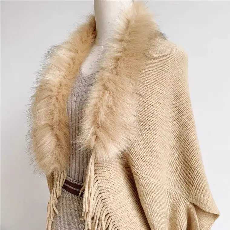 Fur collar winter shawl and wrap Bohemian edge oversized womens winter raincoat and shawl bat sleeve cardigan W240921