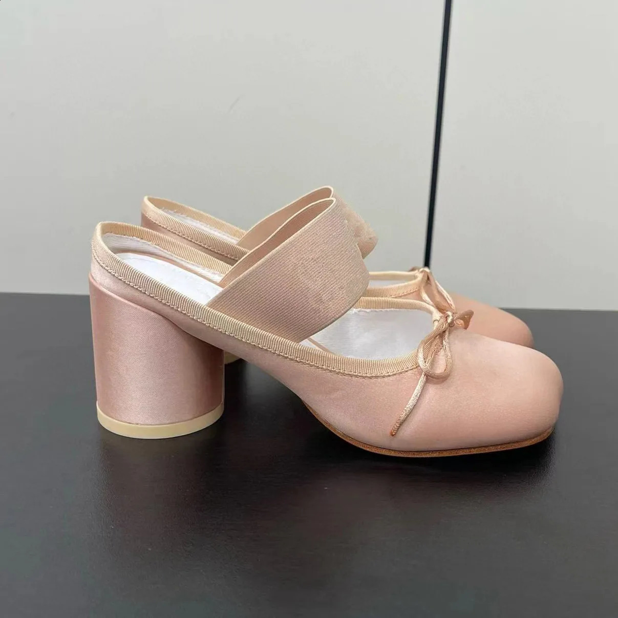 er shoes satin ribbon toe thick heel bow toe shoes womens ballet high heels backless high heels single shoes 240919
