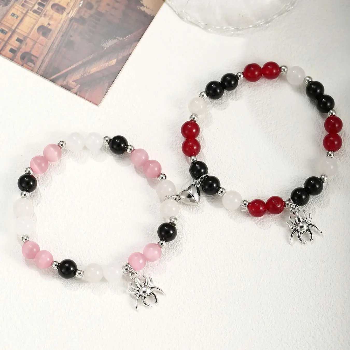 2 pcs of Spider Pendant Herat Shape Magnet Bead Elastic Couples Bracelets Bff Trendy Jewelry GiftX240921