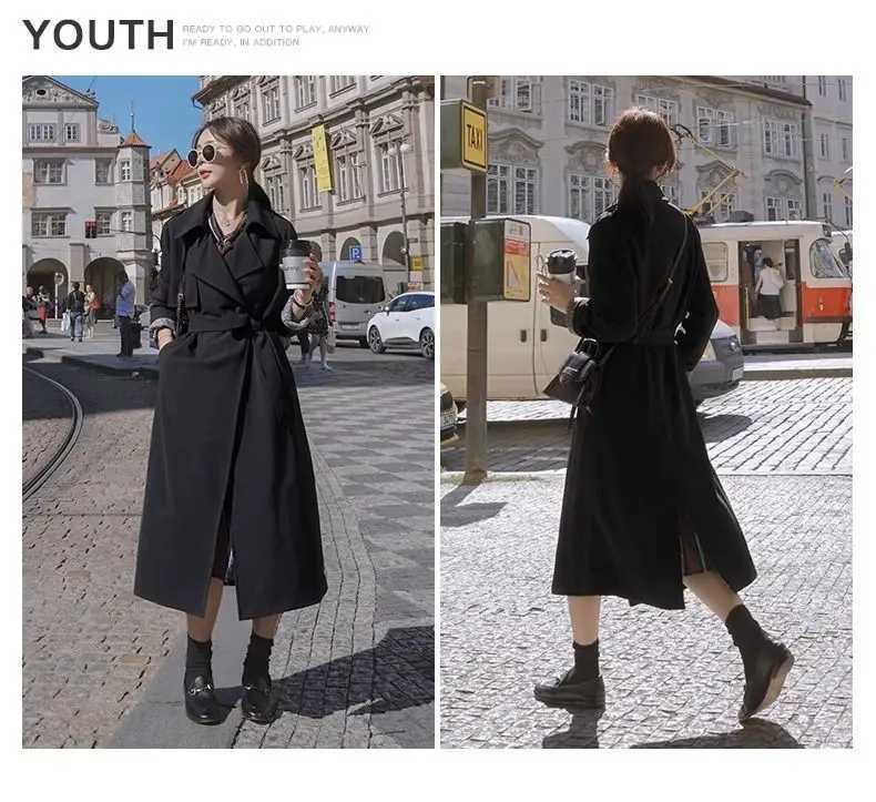 2024 New Korean Black Windbreaker Coat For Womens Clothing Spring Autumn British Lace Up Long Trench Coats Belt OvercoatX240921