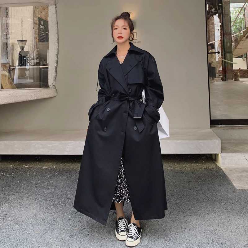 Korean Style Loose Oversized X-Long Womens Trench Coat Double-Breasted Belted Lady Cloak Windbreaker Spring Fall Outerwear GreyX240921
