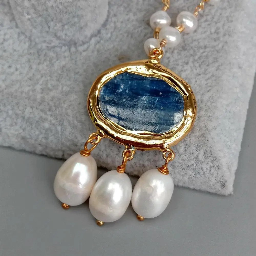 YYGEM Natural Cultured White freshwater Pearl Rosary Chain Necklace Blue Kyanite Rice Pearl Pendant 18 240910