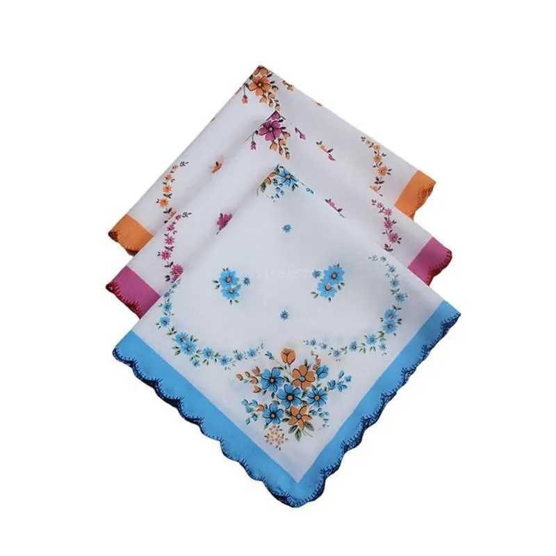 3pcs/set Women Wavy Edge Cotton Handkerchiefs Flower Embroidered with Lace Hankies Ladies Handkerchief for Afternoon TeaX240921