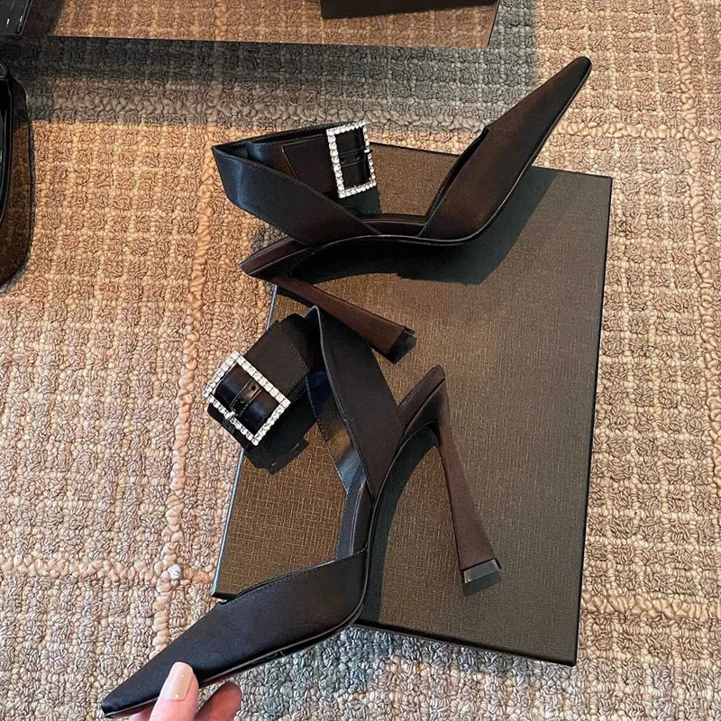 Star style satin rhinestone square buckle womens pump sexy ankle strap suspender summer high heels celebrity dance shoes 240919