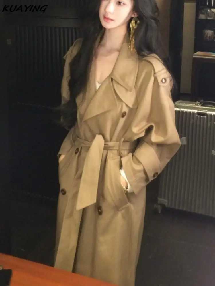 Korea Solid Windbreaker with Belt Women Fashion Turn-down Collar Double Breasted Slim Waist Trench Coat Female Clothes AutumnX240921