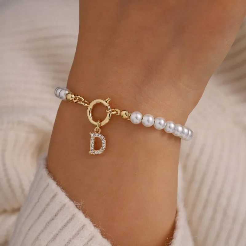 Minar Delicate 14K Real Gold Silver Plated Copper CZ Zircon 26 Letter Simulated Pearl Beaded Chain Charm Bracelets for WomenX240921