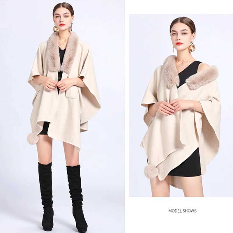 New printed coat artificial rabbit fur collar half sleeved raincoat womens loose knitted cardigan woolen sweater womens solid color shawl W240921