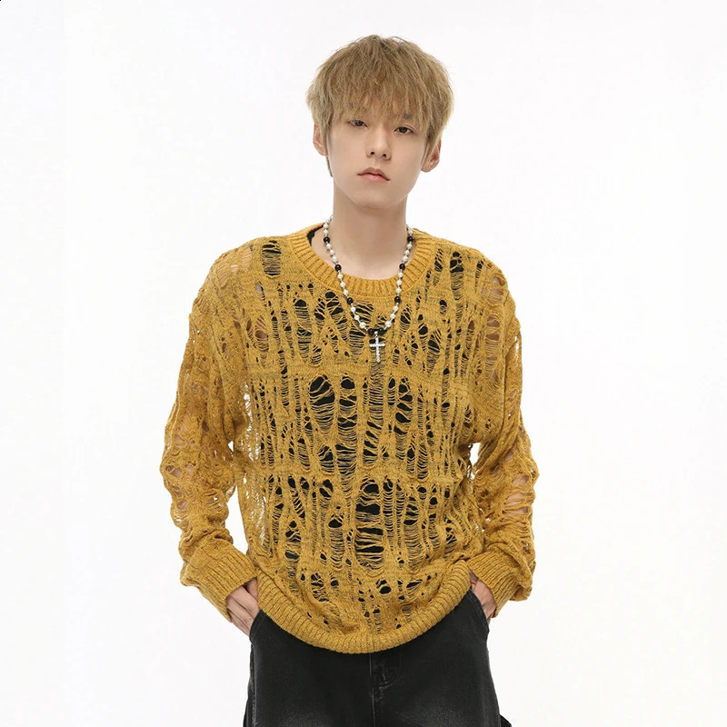 IEFB Nihce n mens sweater casual perforated round neck loose floral clothing autumn fashion 9C7312 240913