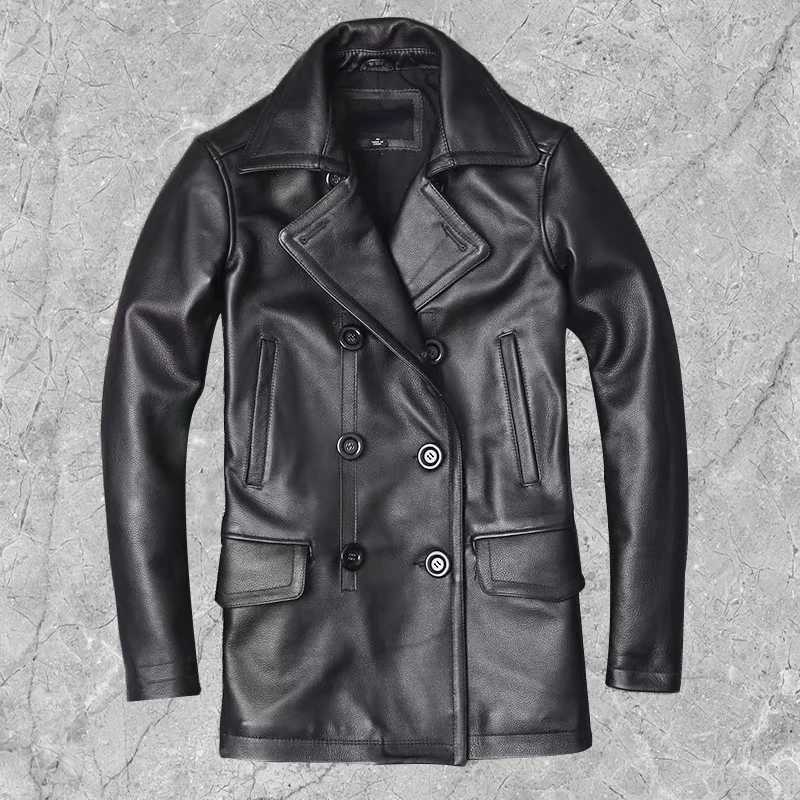 Mens leather jacket mens denim jacket autumn and winter business jacket trench style double chest tight fitting garment W240918
