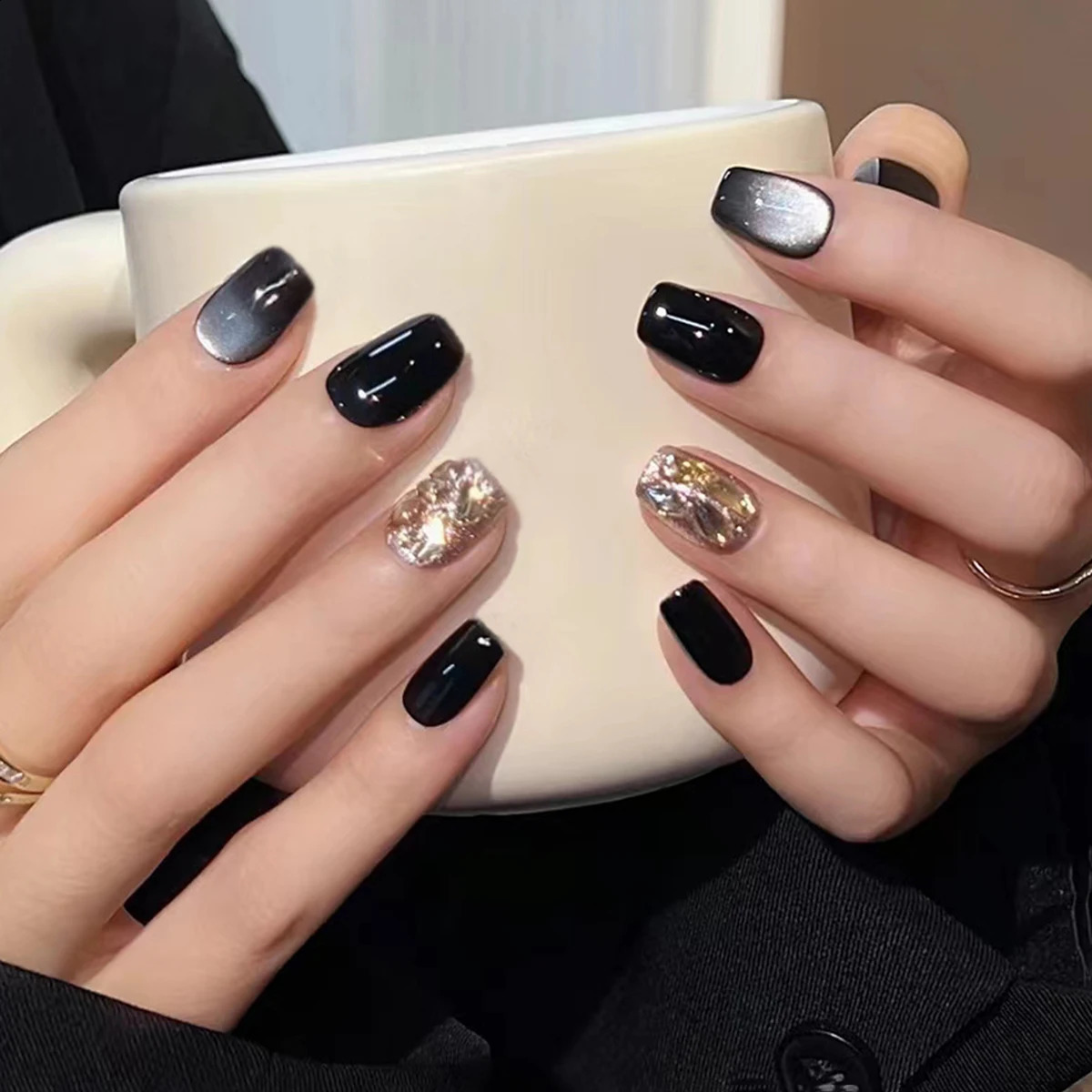 24pcs short square sweet and cool black cat eye white and explosive fake nails removable fake nail rubbing strip and jelly 240914