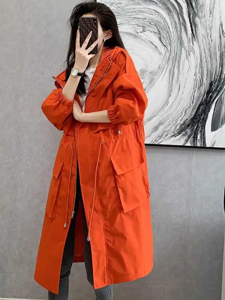Solid Classic Hooded Long Trench Coat For Women Autumn Oversized Casual Drawstring Bandage Windbreaker Loose Zip Up Jackets ChicX240921