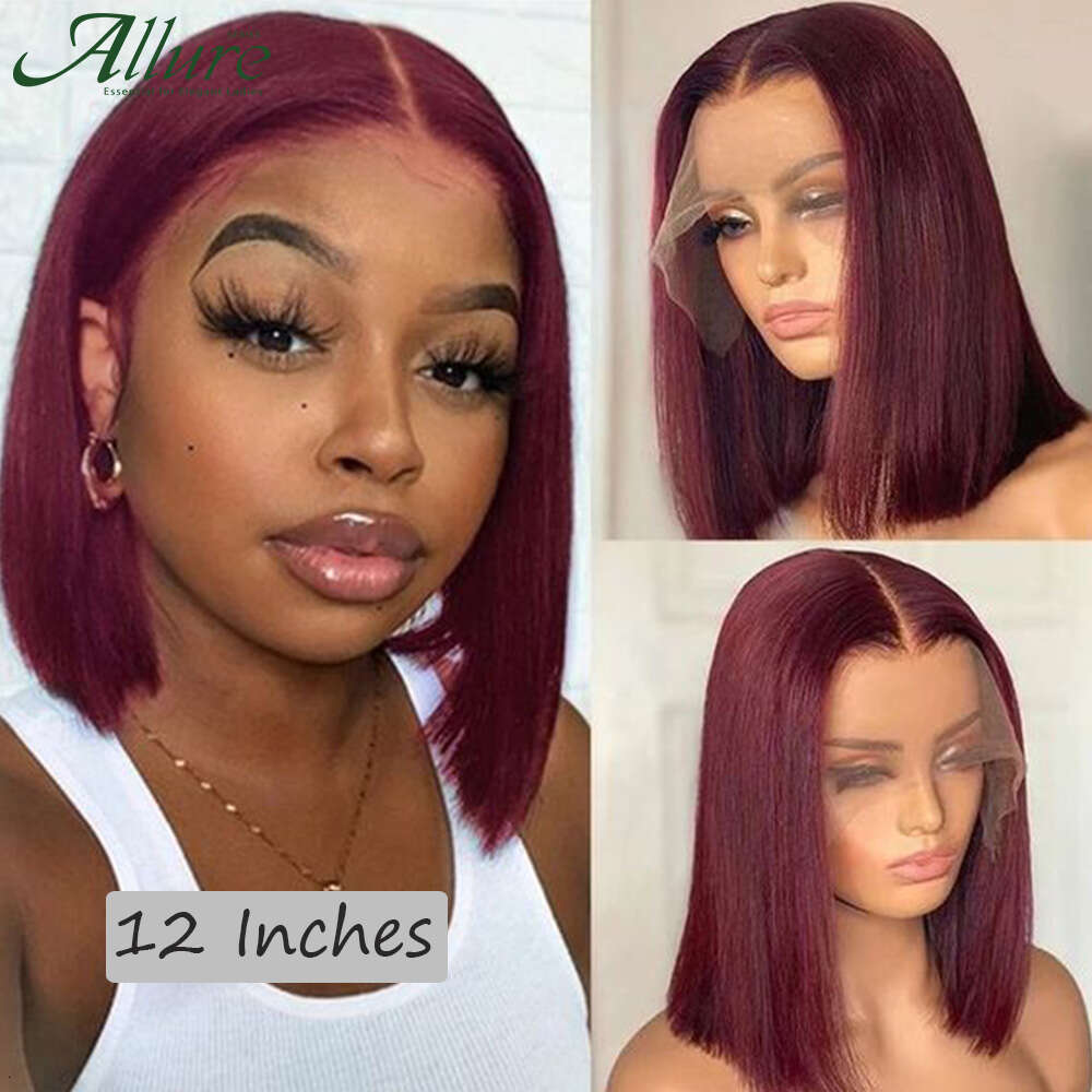 99J Short Bury Human Hair Colored Straight Bob Front Wig For Women Dark Red Glueless T Part Lace Wigs Allure