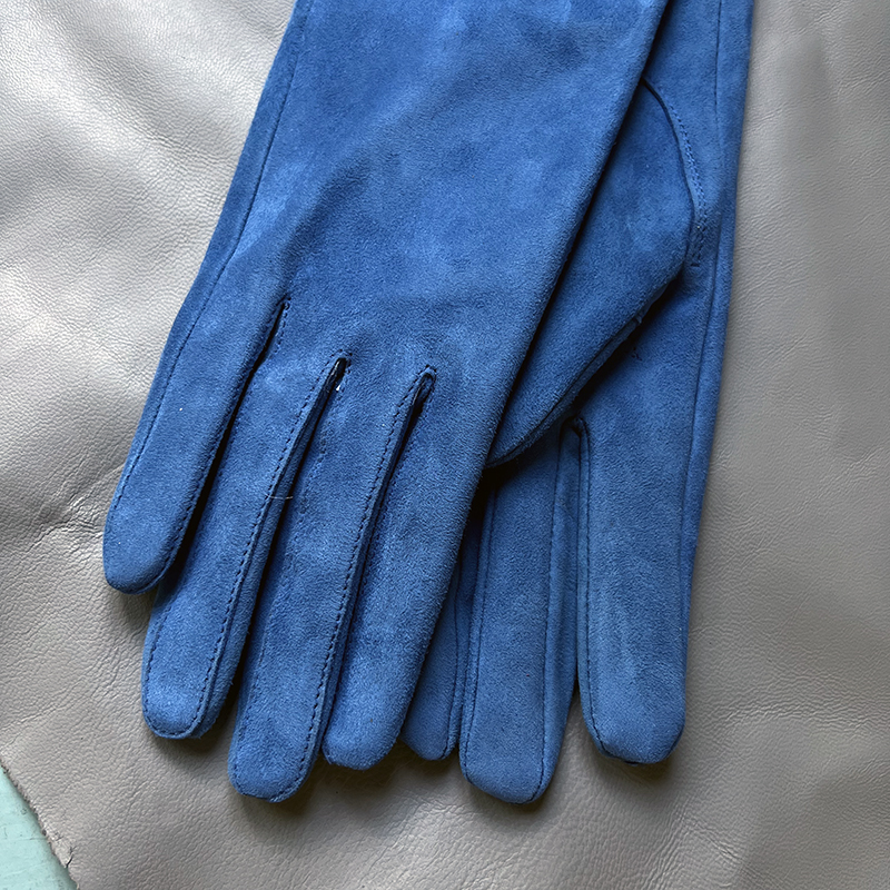 Women's suede leather long gloves Men's sky blue sheepskin elbow gloves Super soft leather, spring and autumn fashion catwalks