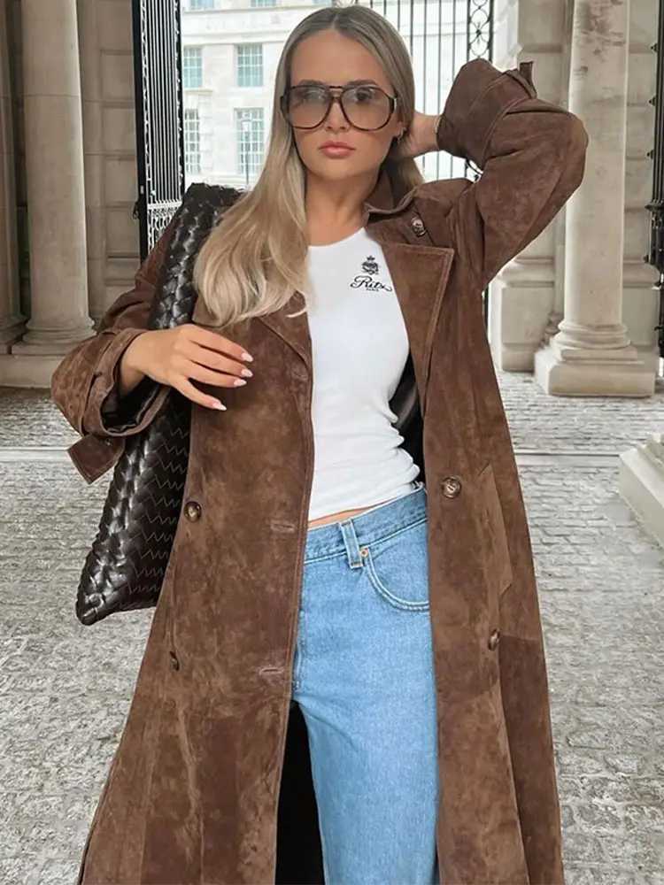 Womens Brown Collar Long Coat with Belt 2024 Autumn Retro Full Sleeve Oversized Coat Womens High Street Coat Trench W240921