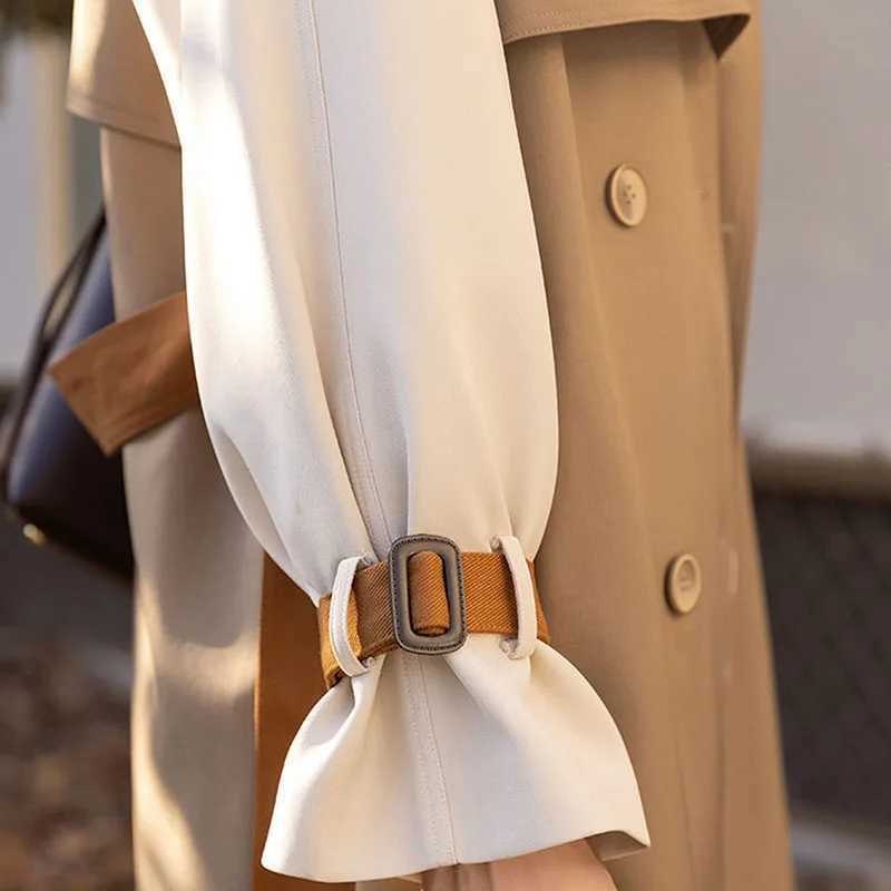 Mid-length Khaki Trench Coat With Belt Contrast Color Splicing Lapel Long Sleeve Casual Double-breasted Spring Women WindbreakerX240921