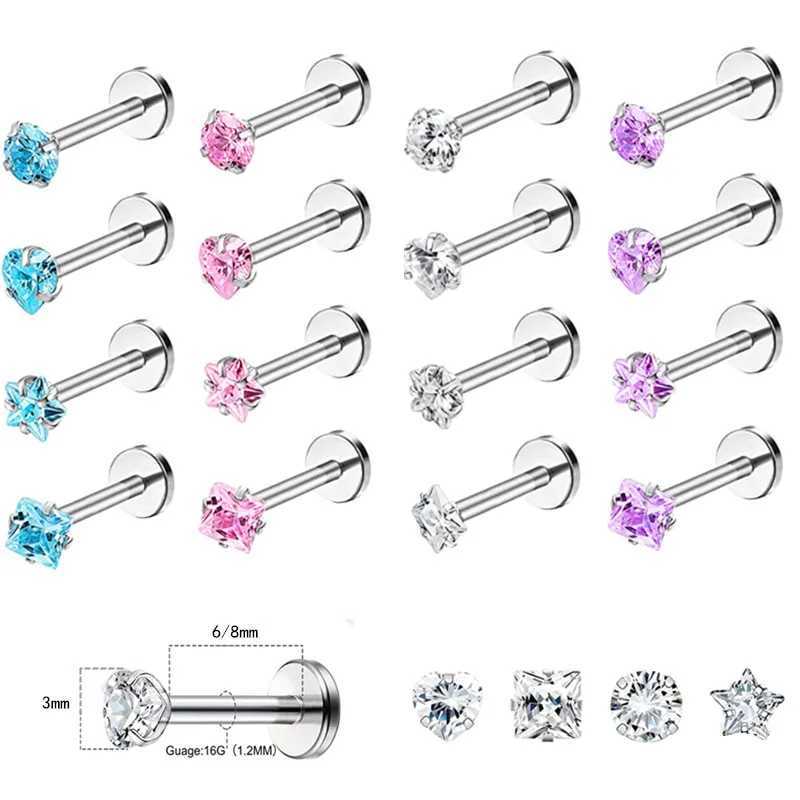 4PCS Heart Crystal Tragus Piercing Earring Set Flat Labret Piercing Set Lip Ring Lot Conch Cartilage Stud Helix Lobe Earring Set Y240921