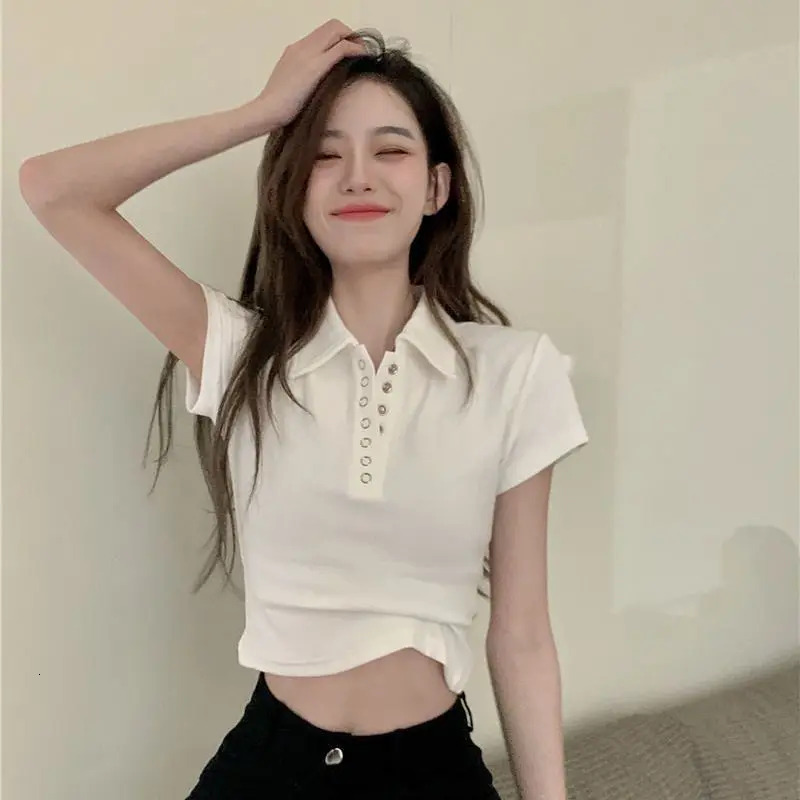 Designer women's Polo collar shirt sexy crop top plain color women's T-button slim fit white women's clothing 2024 sales trend youth ba
