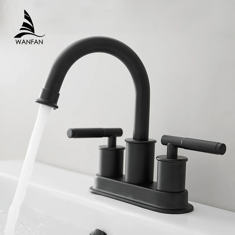 Basin Faucets Matte Black Deck Mounted Bathroom Sink Faucets 3 Holes Double Handle And Cold Water Mixer Tap 855111 240918