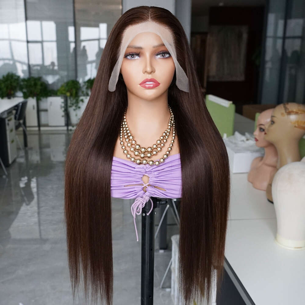 200 Density Dark Brown Straight Frontal Human Wigs For Women 13x4 Transparent Lace Wig Pre-Plucked Indian Remy Hair