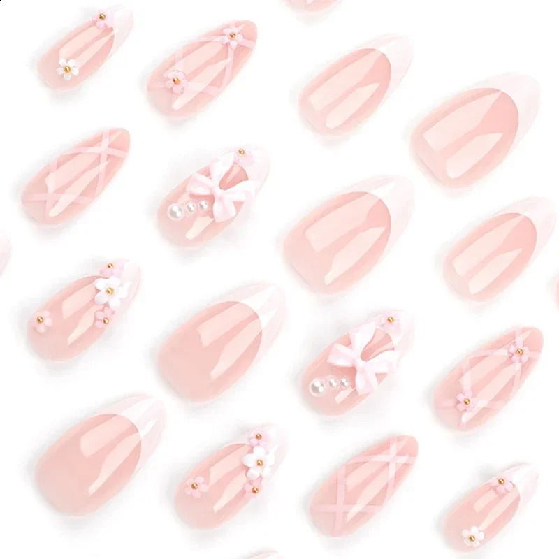 24Pcs White French Press on Nails Pink Bow Sweet Flower Pearl False Nail for Women and Nail Art Removable Wearing Nail 240914