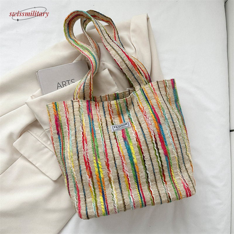 Single shoulder for women, large capacity Korean version ins embroidery rainbow stripe commuting canvas bag, summer tote bag #26 Swissmilitary