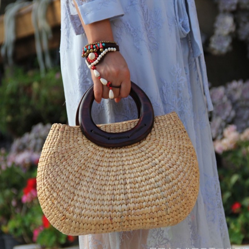 Summer New Wooden Handle Grass Woven Bag Handheld Leisure Small And Fresh Women's Handbag