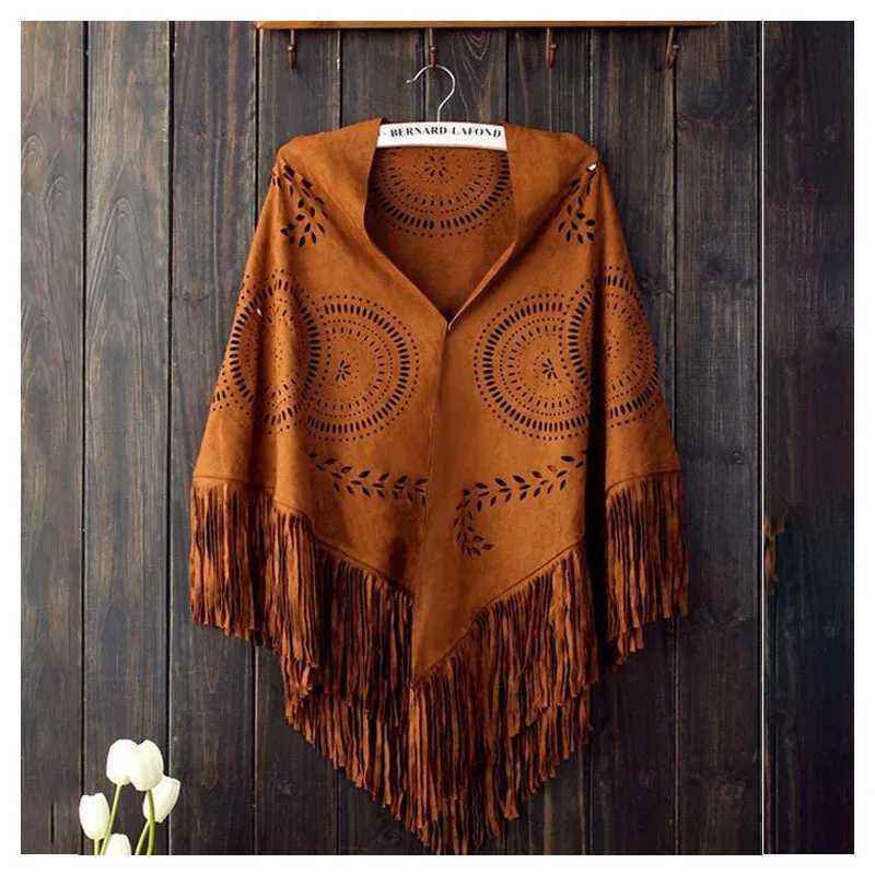 Spring and Autumn womens suede hollow round tassel shawl W240921