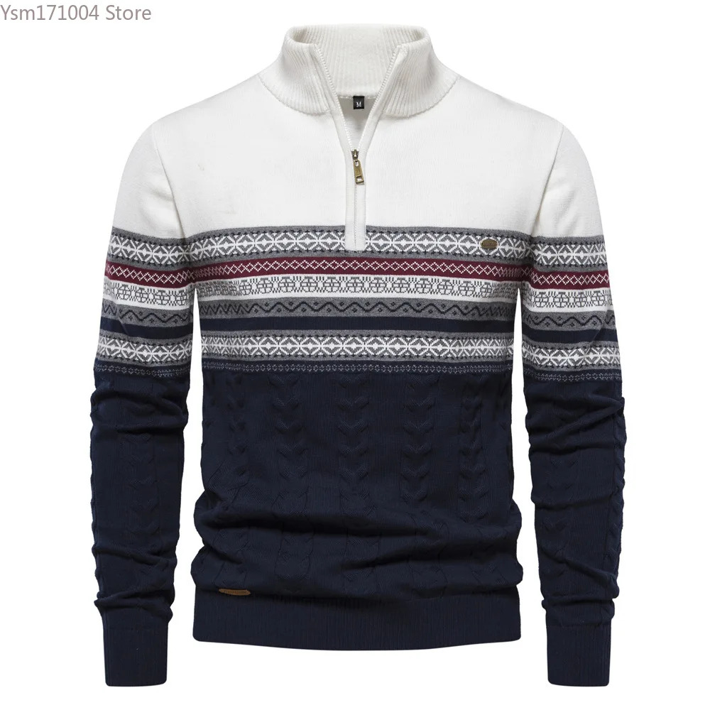 Men's Half Neck High Elastic Tight And Warm Knitted Pullover Casual Fashion Street Striped Sweater Men Clothing