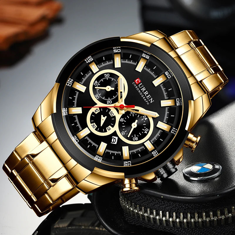 CURREN Mens Watches Top Big Sport Watch Men Military Steel Quartz Wrist Chronograph Gold n Male Clock 240919