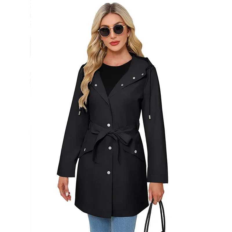 Womens Solid Color Hooded Waterproof Windbreaker Single-breasted Belt Pocket Lapel Long Jacket Coat Casual Loose TrenchX240921