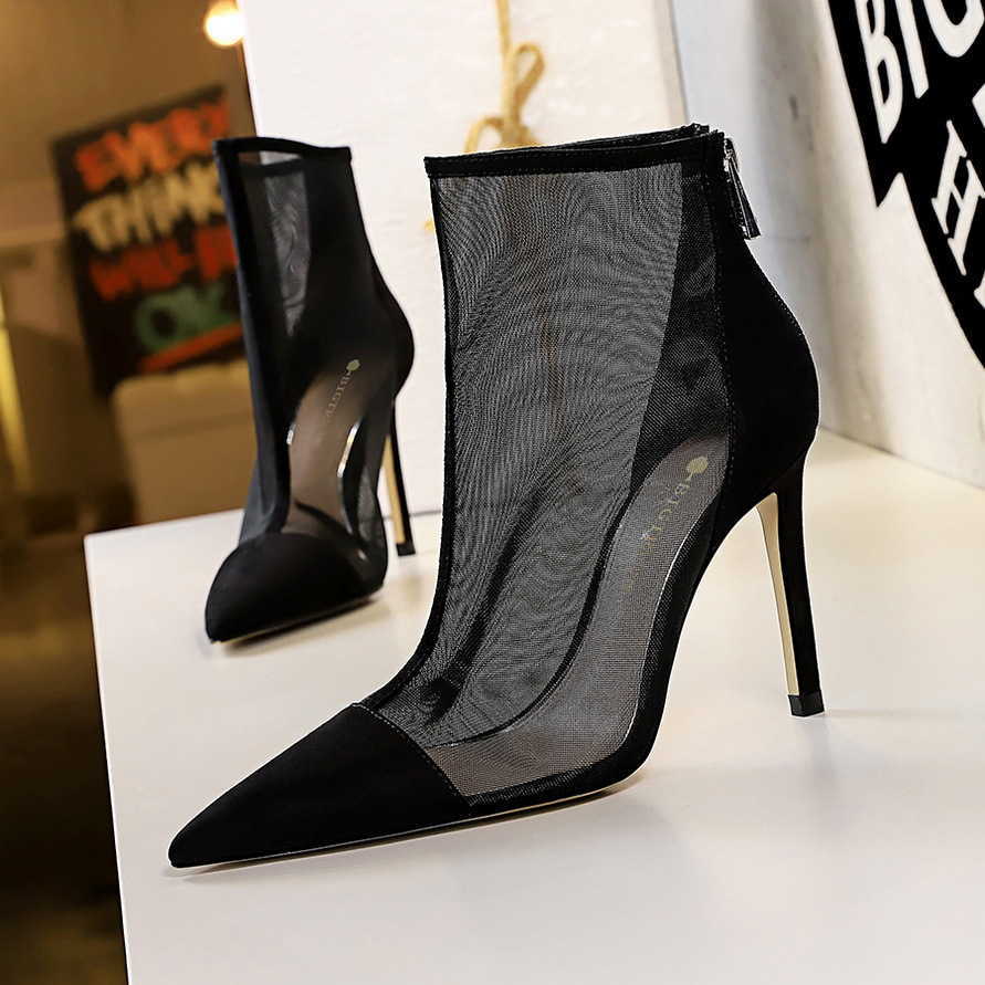 CMM Sexy Nightclub Show Thin Perspective Mesh Hollow High Heels Womens Shoes Thin Heels Pointed Boots