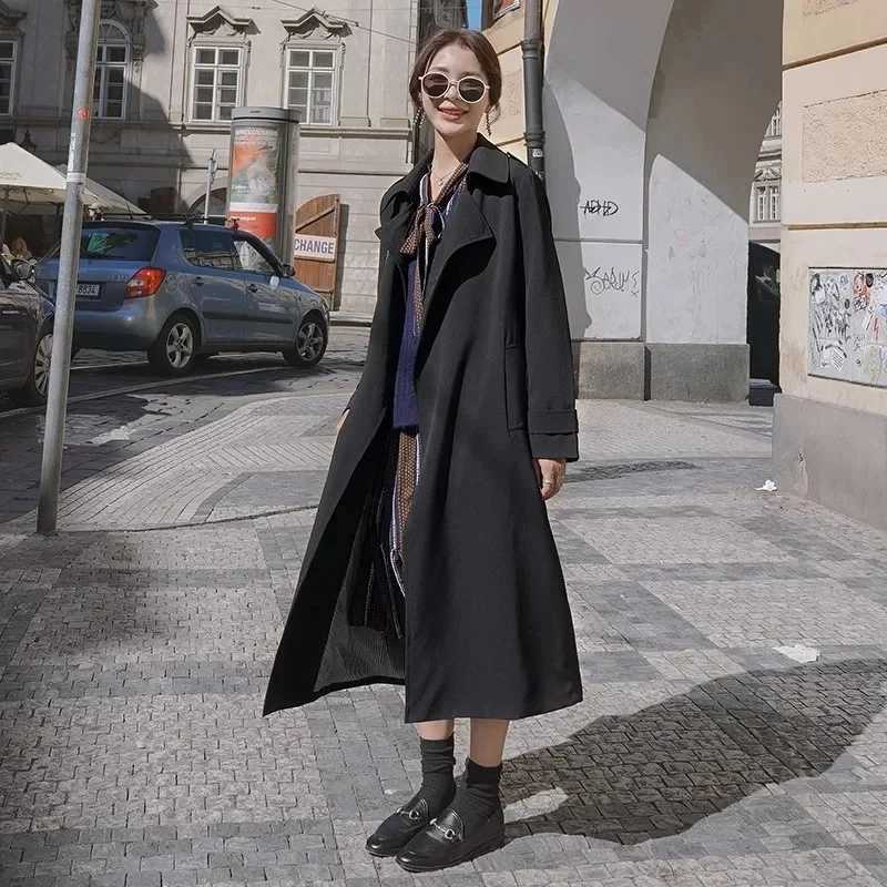 Autumn/Winter New Women 2024Korean Mid length Loose Trench Coat Women Versatile Black Leisure Advanced Sense Fashion WindbreakerX240921