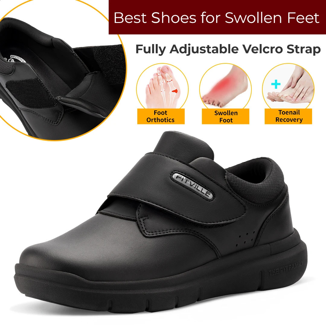 FitVille Extra Wide Mens Shoes Leather Diabetic Shoes Walking for Elder Orthopedic Toes Swollen Feet Non-Slip Arch Support 240909